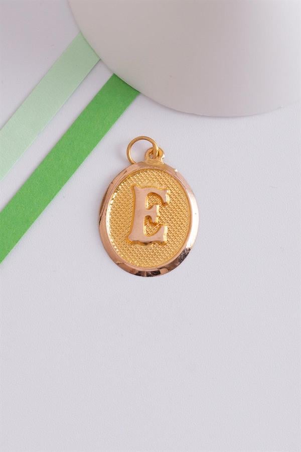 14K Solid Gold Vintage Oval E Letter Pendant