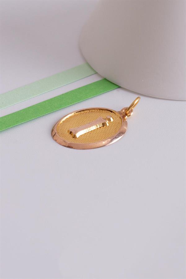 14K Solid Gold Vintage Oval I Letter Pendant