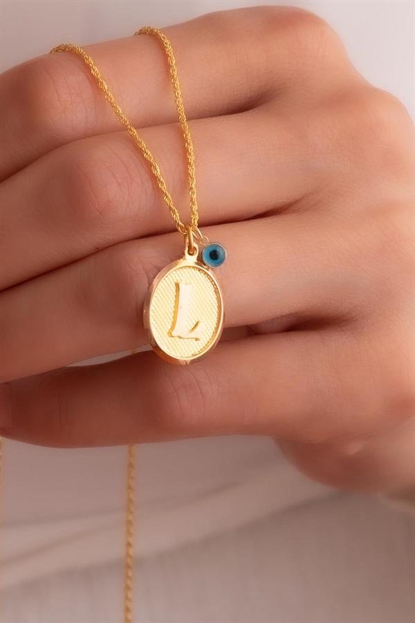14 Ayar Altın Vintage Oval L Harf Kolye