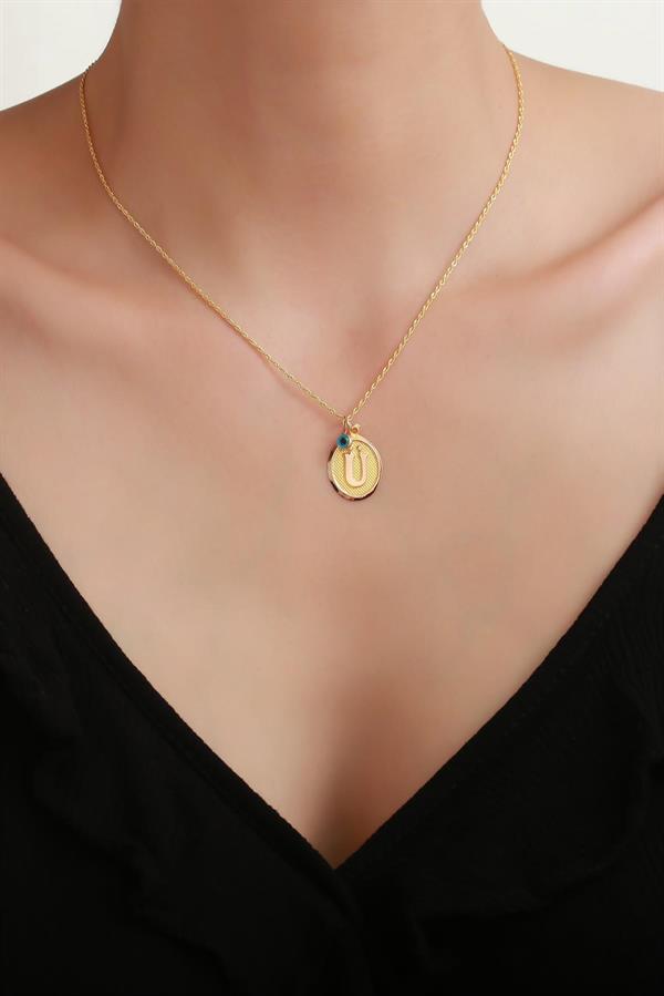 14 Ayar Altın Vintage Oval Ü Harf Kolye