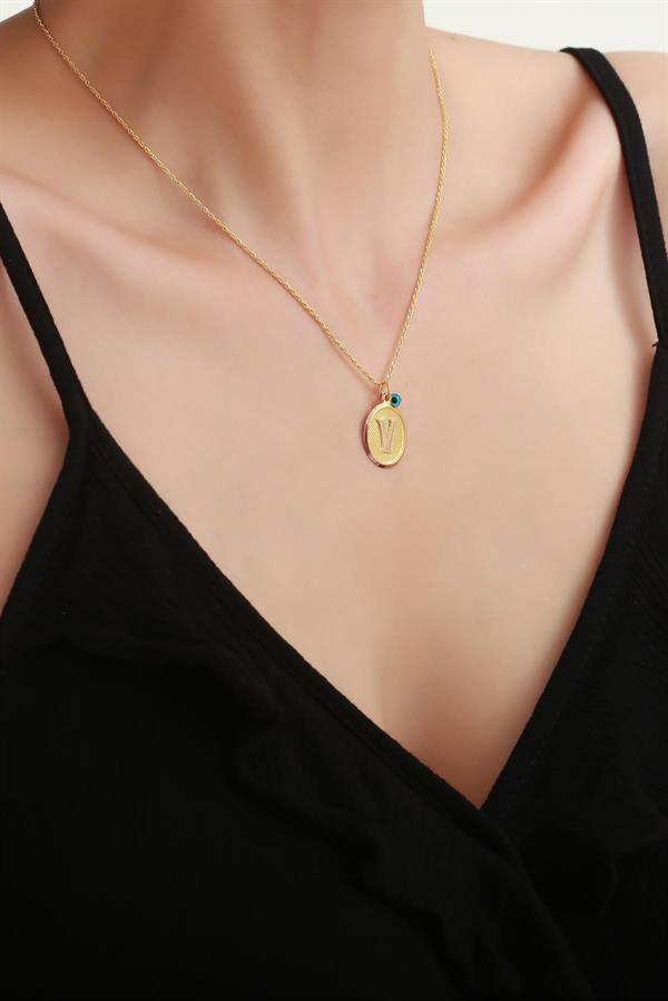 14 Ayar Altın Vintage Oval V Harf Kolye
