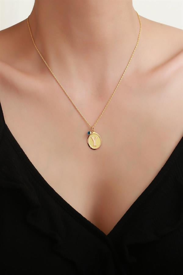 14 Ayar Altın Vintage Oval Y Harf Kolye
