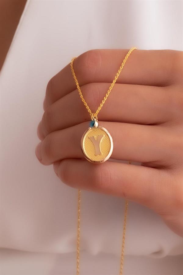 14 Ayar Altın Vintage Oval Y Harf Kolye
