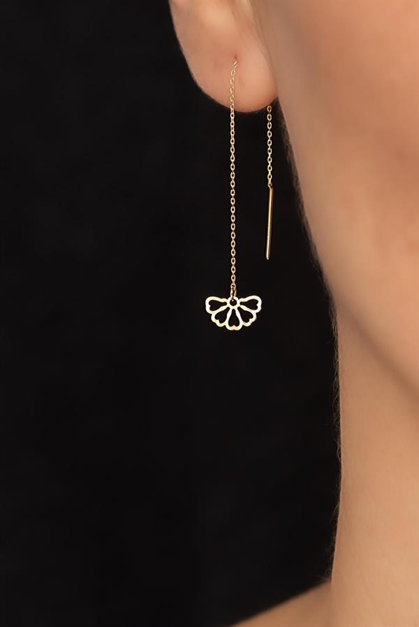 14K Solid Gold Half Flower Chain Earrings