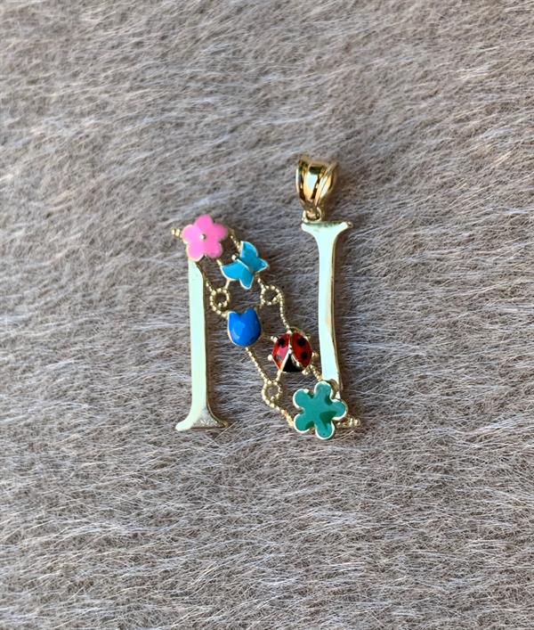 14K Solid Gold Half Plate Flowered Garden of Eden Letter N Pendant