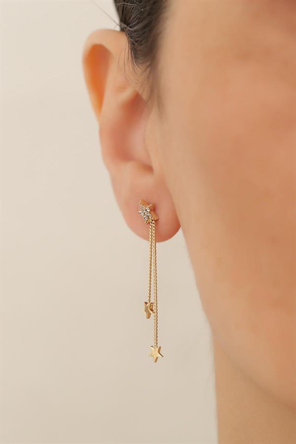 14K Solid Gold Star Detailed Chain Earrings