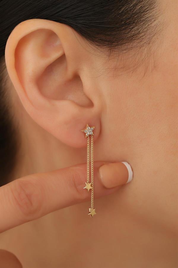 14K Solid Gold Star Detailed Chain Earrings