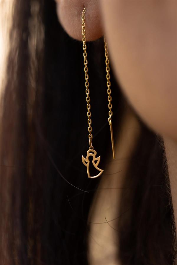 14K Solid Gold Chain Angel Earrings