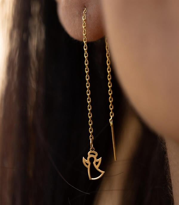 14K Solid Gold Chain Angel Earrings