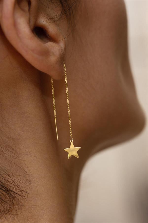 14K Solid Gold Chain Star Earrings