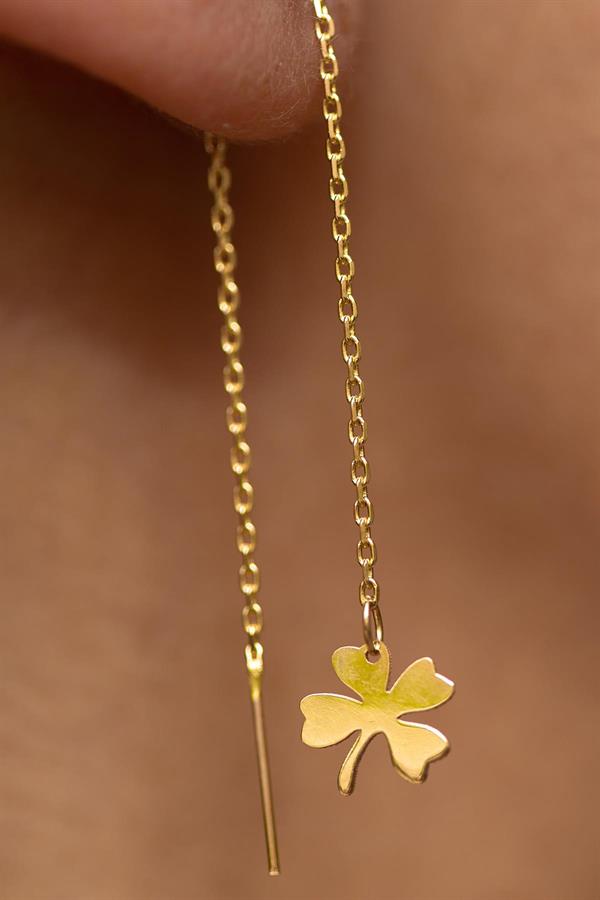 14K Solid Gold Chain Clover Earrings