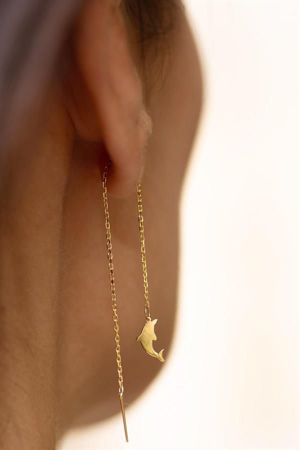 14K Solid Gold Chain Dolphin Earrings
