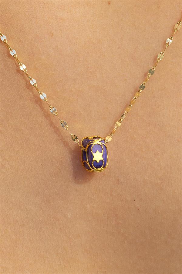 Gold Italian Mirrored Navy Blue Beaded Caged Necklace