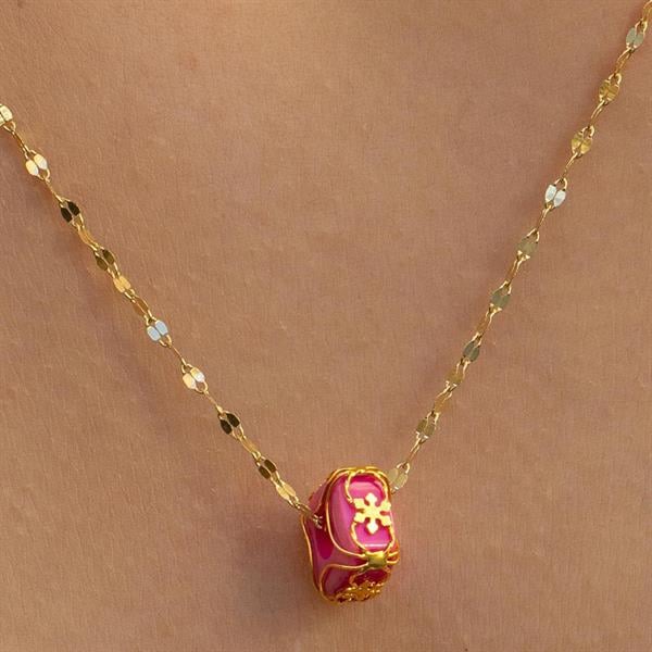 Gold Italian Mirrored Pink Beaded Caged Necklace