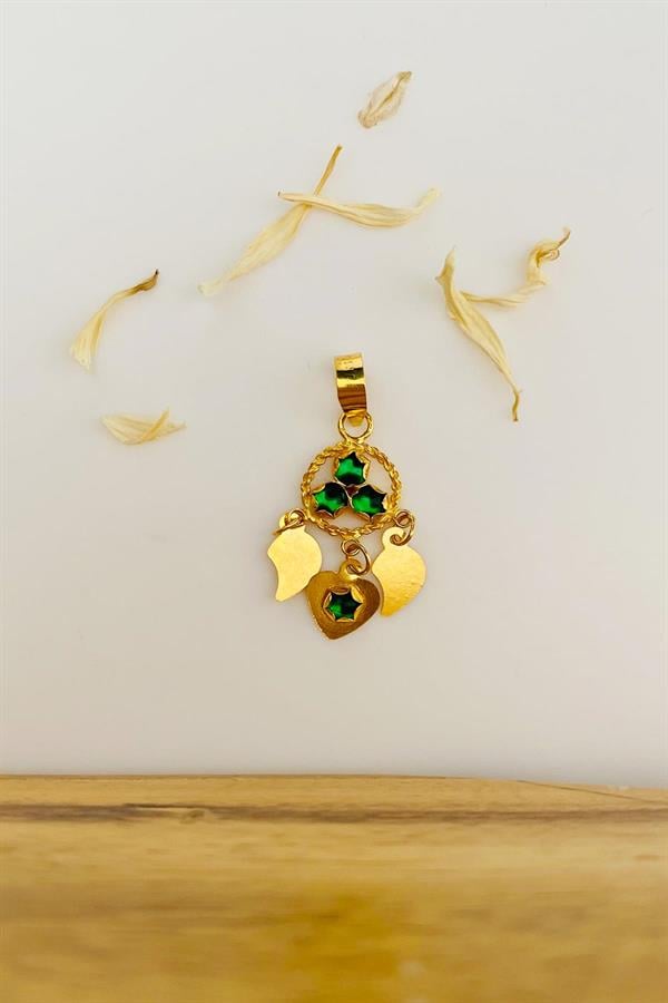 Gold Mardin Work 3 Sequin Triangle Green Beaded Pendant