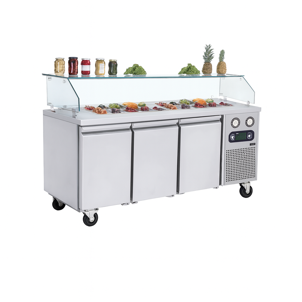 Frenox 186,5x70x130 cm. 8 Adet GN-1/6x100 Küvet Kapasiteli,Camlı Soğuk Servis Üniteli Yatay Tip Buzdolabı KCN3-R290