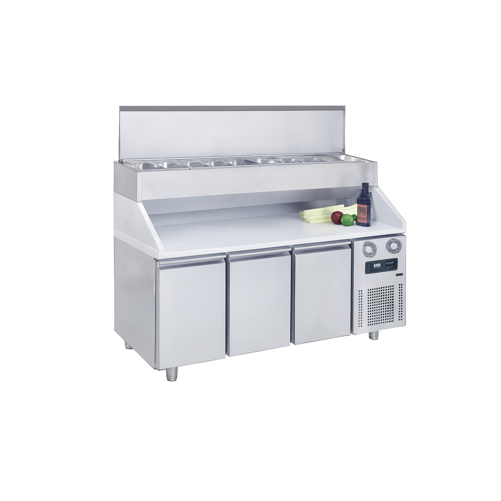 Frenox  186,5x70x134 cm.10 Adet 1/3 x150 GN Küvet Kapasiteli,Mermer Taplalı, Yükseltilmiş Make-Up,Pizza Hazırlık Dolabı CGN3-YM-MR-R290