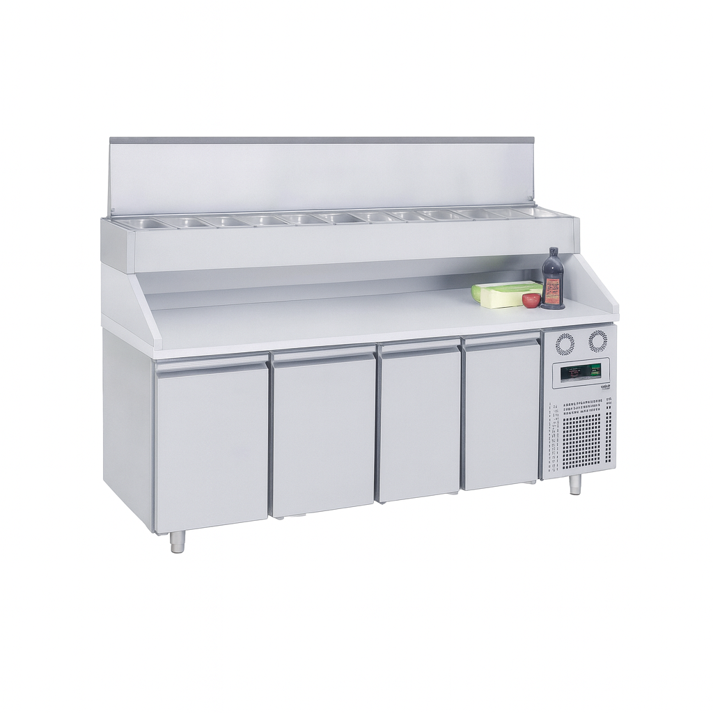 Frenox 233x70x134 cm. 12 Adet 1/3 x150 GN Küvet Kapasiteli,Mermer Taplalı, Yükseltilmiş Make-Up,Pizza Hazırlık Dolabı CGN4-YM-MR-R290