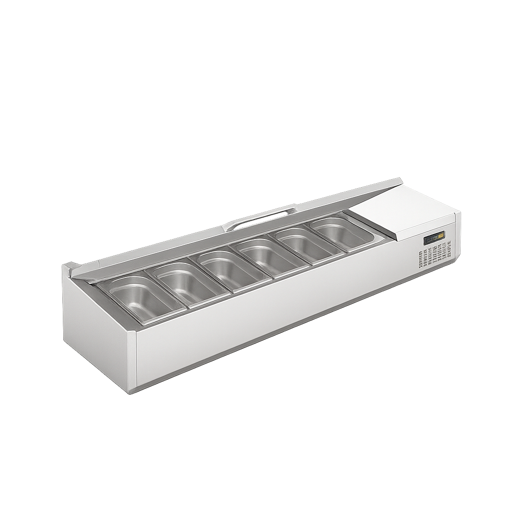 Ndustrio Paslanmaz Kapak 7 Adet 1/4 GN Küvetli Set Üstü Teşhir Dolabı  TTR-150 SC