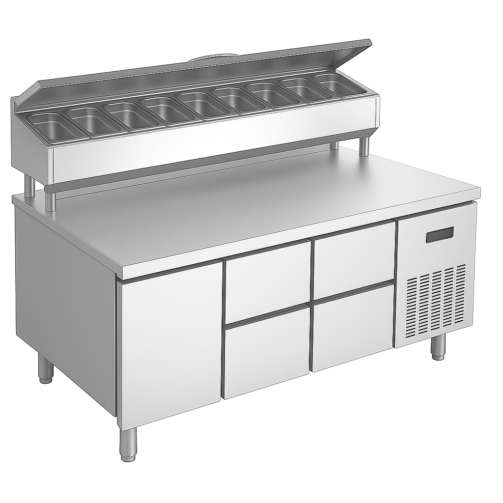 Ndustrio Tezgah Tipi,Yüksek Ayak,4 Çekmece 1 Kapaklı Salata Hazırlık Dolabı MUR-73-HL-4D