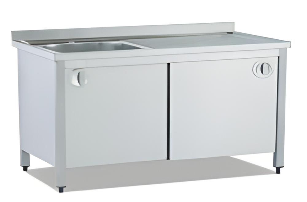 Paslanmaz Krom Sürgü Kapaklı Evyeli Çalışma Tezgahı, 140 X 60 X 85 cm, 430 Çelik