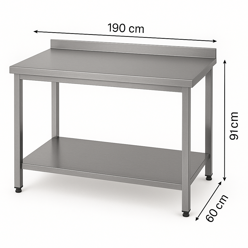 Taban Raflı Paslanmaz Krom Mutfak Tezgahı, 190 X 60 X 85 cm, 430 Çelik