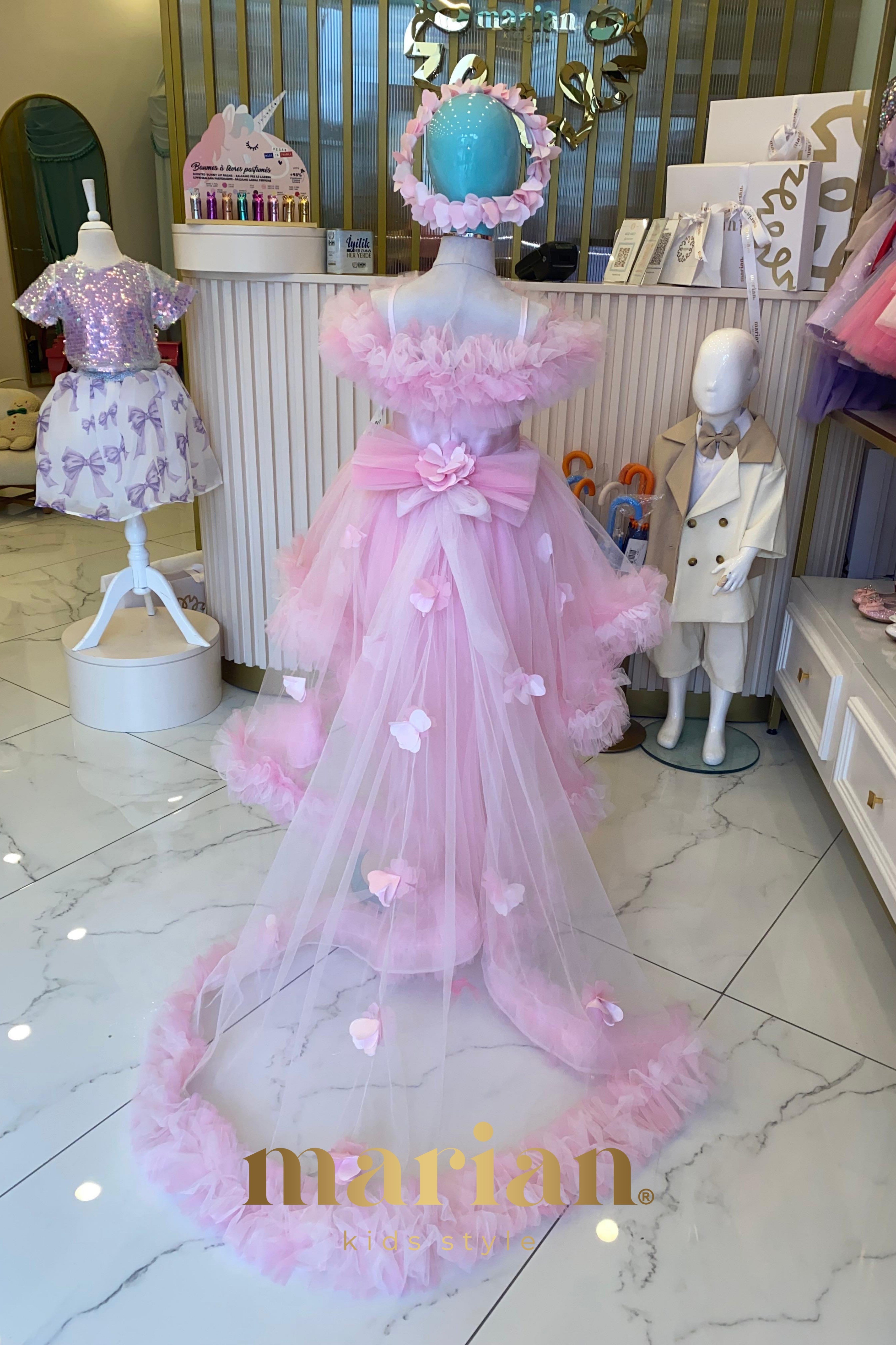 Kuyruk Detaylı Kız Çocuk Abiye Elbise Pembe