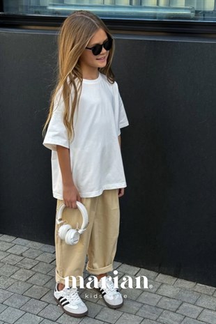 Ekru Oversize Çocuk Tişört