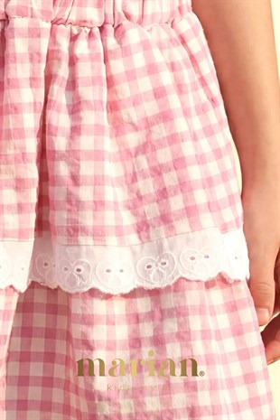 Kız Çocuk Bebe Yaka Fiyonk Nakışlı Ekose Etekli Takım - Pembe