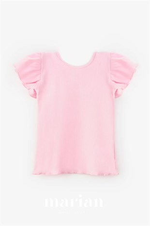 Pembe Arkası Çapraz Biyeli Kız Çocuk Tişört 
