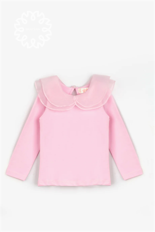 Pembe Organze Yakalı Kız Çocuk Tişört