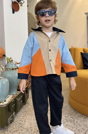 Renkli Bloklu Gabardin Çocuk Gömlek Pantolon Takım