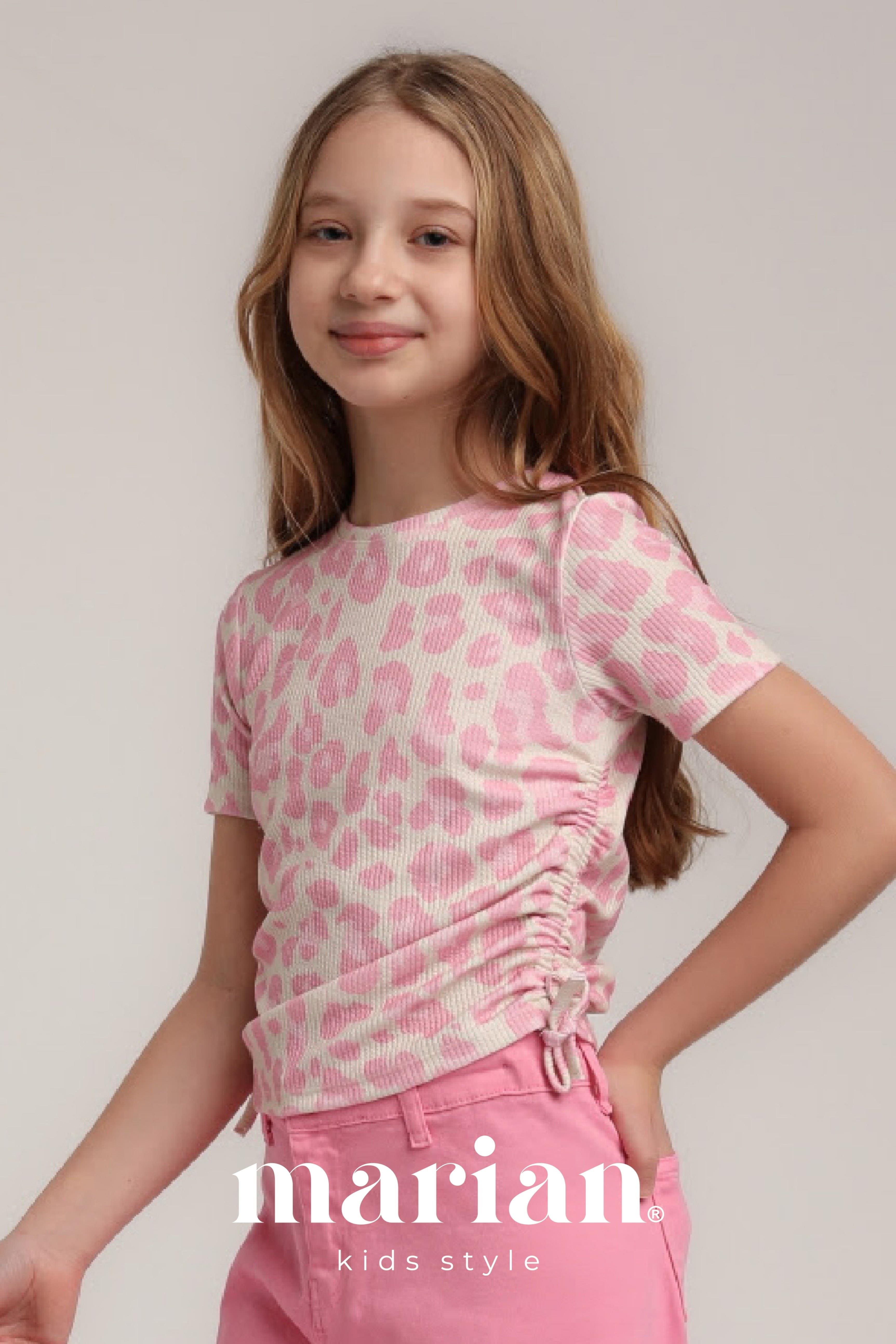 Kız Çocuk Pembe Leopar Desenli Tişört 