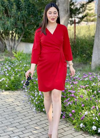 Kırmızı Kruvaze Şık Capri Kol Elbise