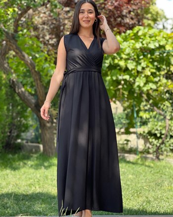 Siyah Helen Uzun Poplin Kumaş Elbise
