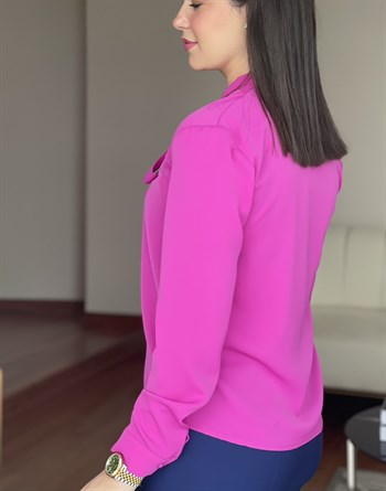 Magenta Renk Yakası Bağcıklı Gömlek