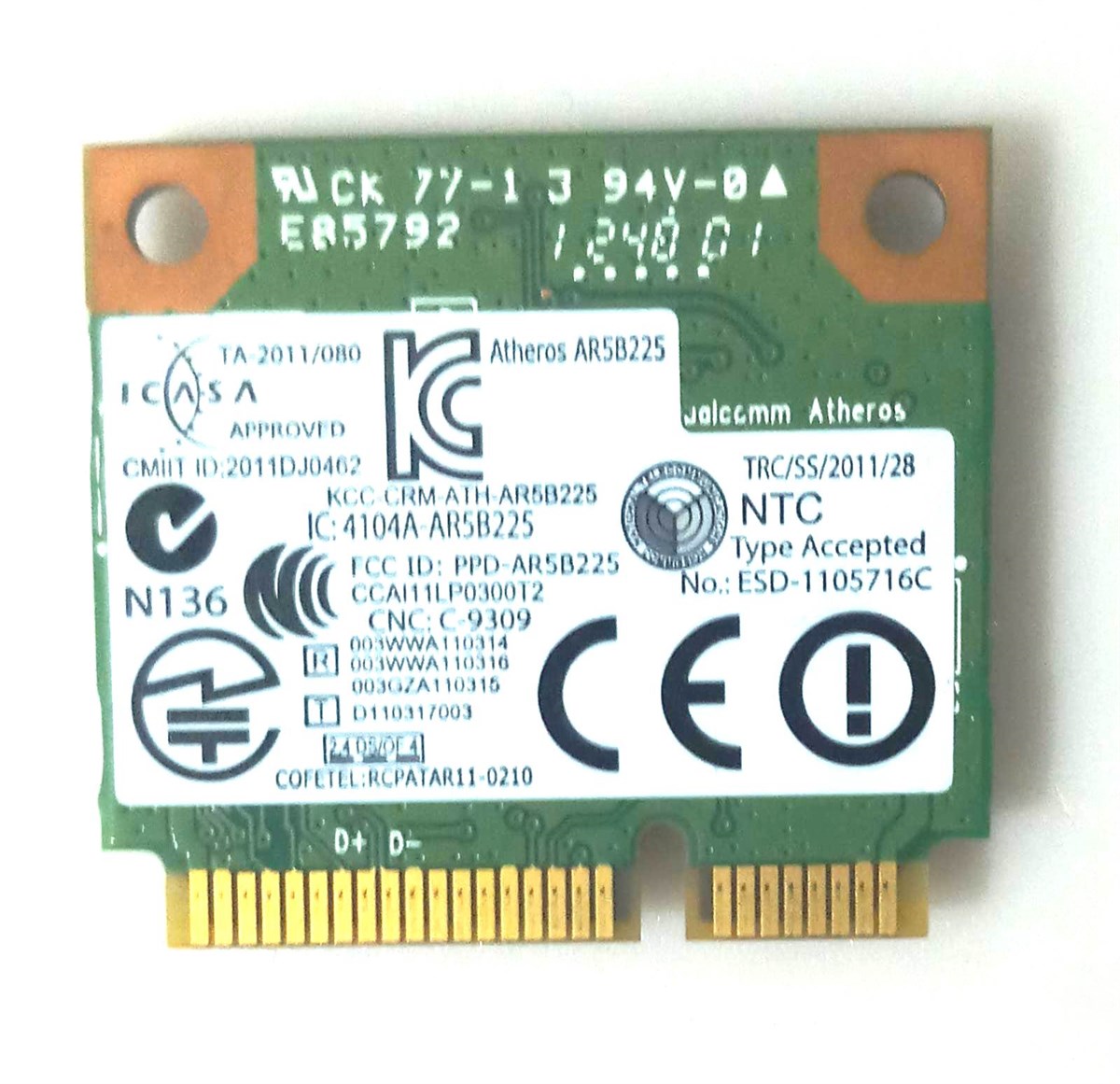 Dell Wireless DW1703 WLAN WiFi 802.11 b/g/n + Bluetooth BT4.0 + HS Half-Height Mini-PCI Express Card AR5B225 not for IBM/Lenovo/Thinkpad and HP stok-15