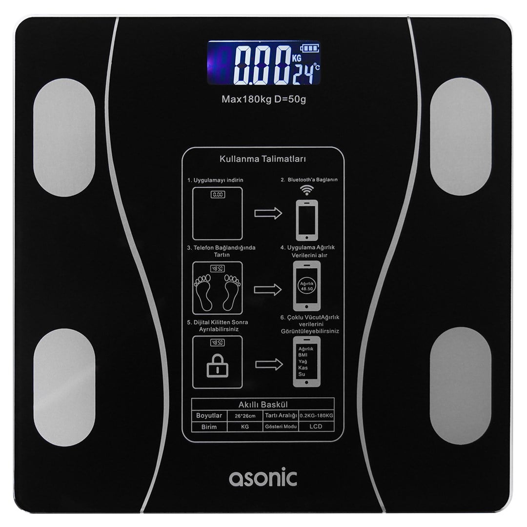 ASONIC BS260 260*260MM 2*AAA PİL HEDİYELİ SİYAH DİJİTAL BLUETOOTH BASKÜL
