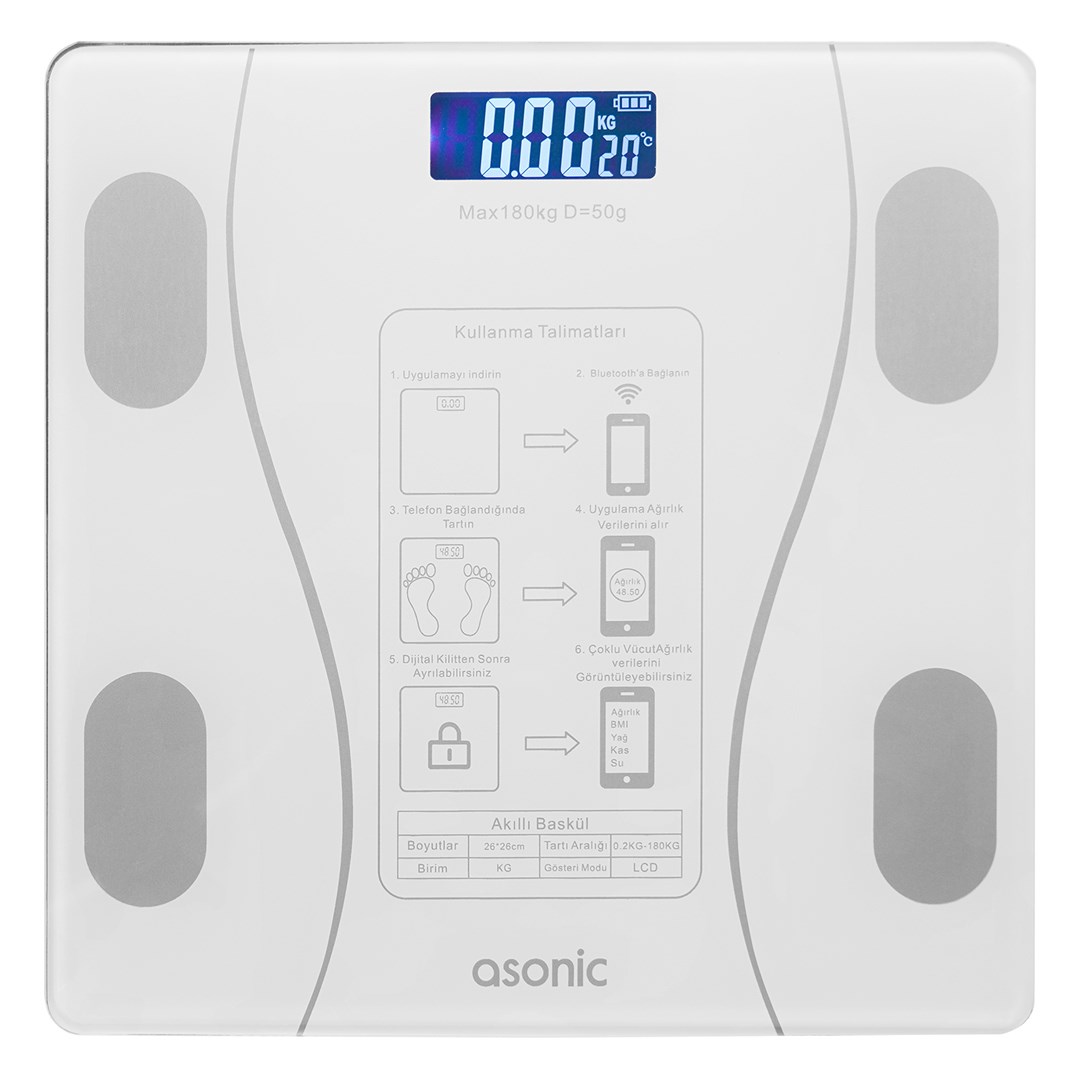 ASONIC BS260 260*260MM 2*AAA PİL HEDİYELİ BEYAZ DİJİTAL BLUETOOTH BASKÜL