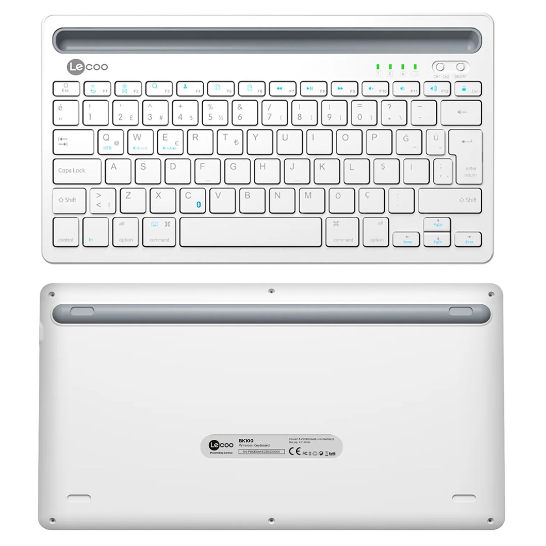 LENOVO LECOO BK100 BLUETOOTH V3.0 ŞARJ EDİLEBİLİR KABLOSUZ BEYAZ TÜRKÇE Q KLAVYE