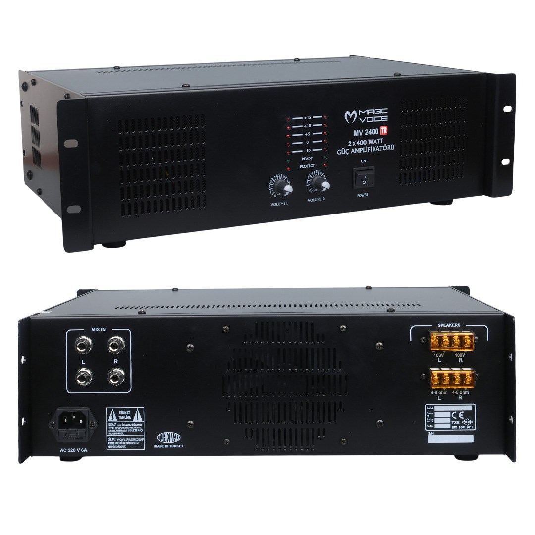 MAGICVOICE MV-2400 2X400 WATT 4-8 OHM -100 V 19 RACK HAT TRAFOLU POWER ANFİ