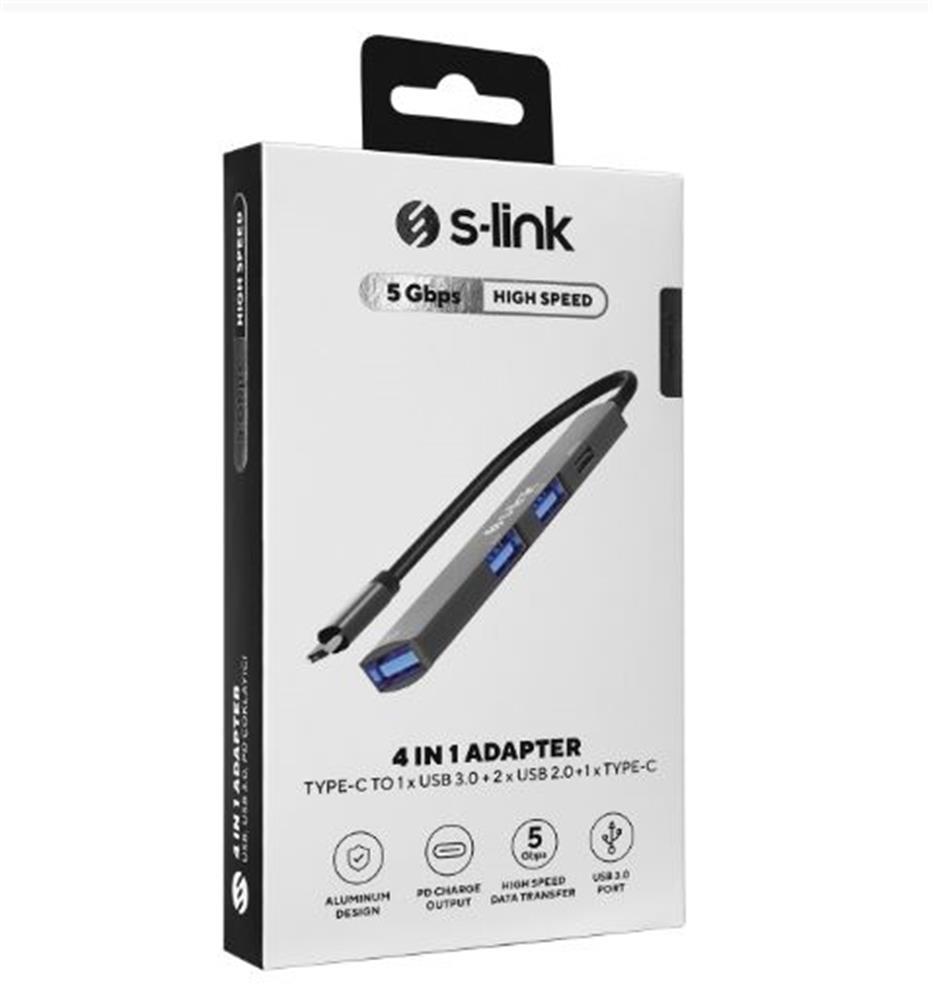 S-link SWV-USBC023 4 in 1 Gri Metal TypeC to 2-USB2.0 USB 3.0, PD Type C Adaptör