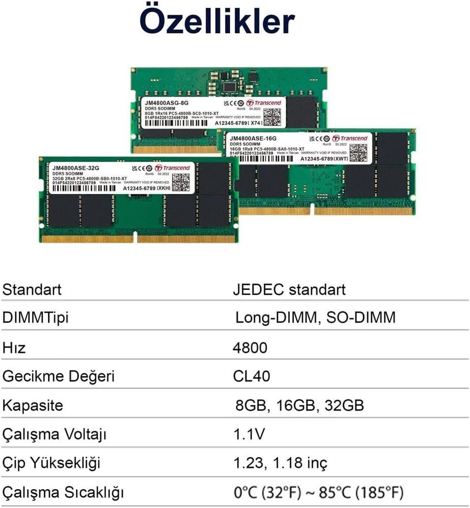 Transcend 32GB(1x32GB) 4800Mhz SODIMM CL40 DDR5 Notebook Ram (JM4800ASE-32G)