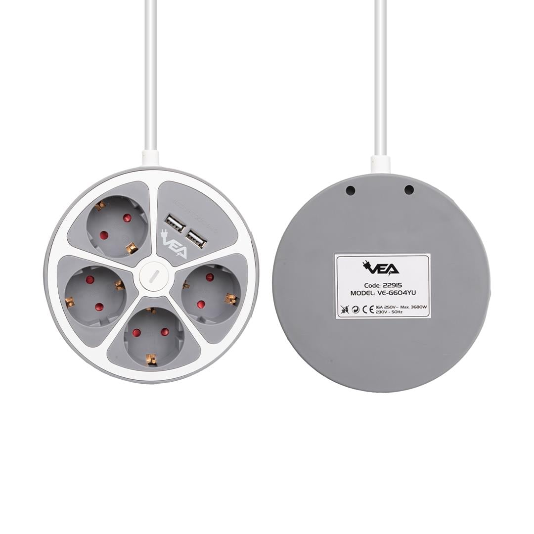 VEA VE-G604YU 4LÜ 2 USBLİ ANAHTARLI 1.5 METRE GRUP PRİZ