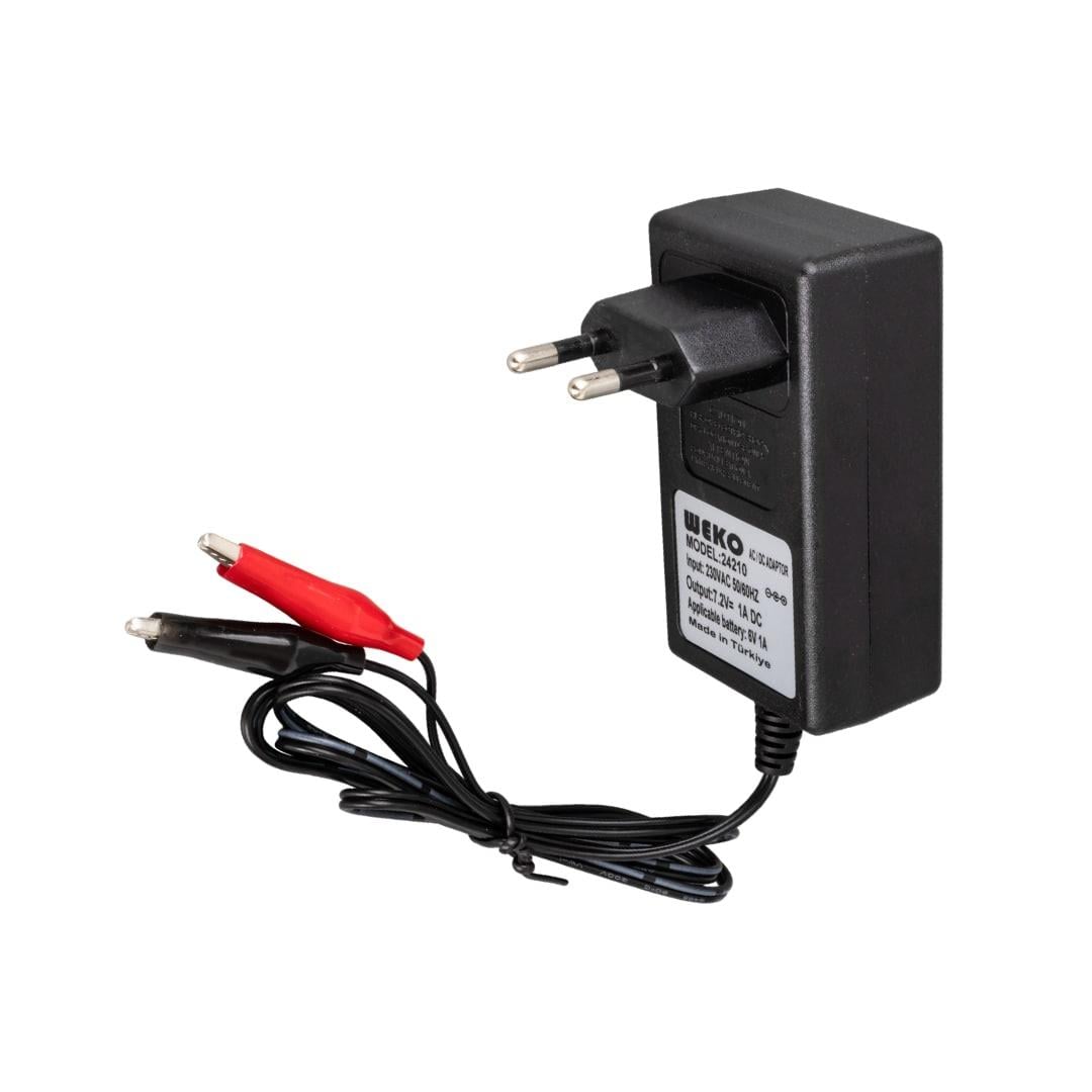 WEKO 8.4 VOLT - 1 AMPER KROKODİL UÇLU PRİZ TİP KIRMIZI YEŞİL LEDLİ YERLİ ÜRETİM AKÜ ŞARJ ADAPTÖRÜ (OUT:61A)