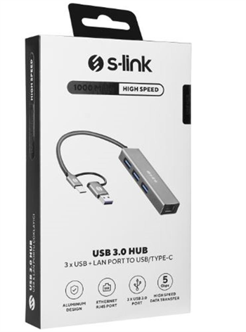 S-link SW-U332 Type-C - USB3.0 1000Mbps 3 Port Usb Gigabit Ethernet Adaptör