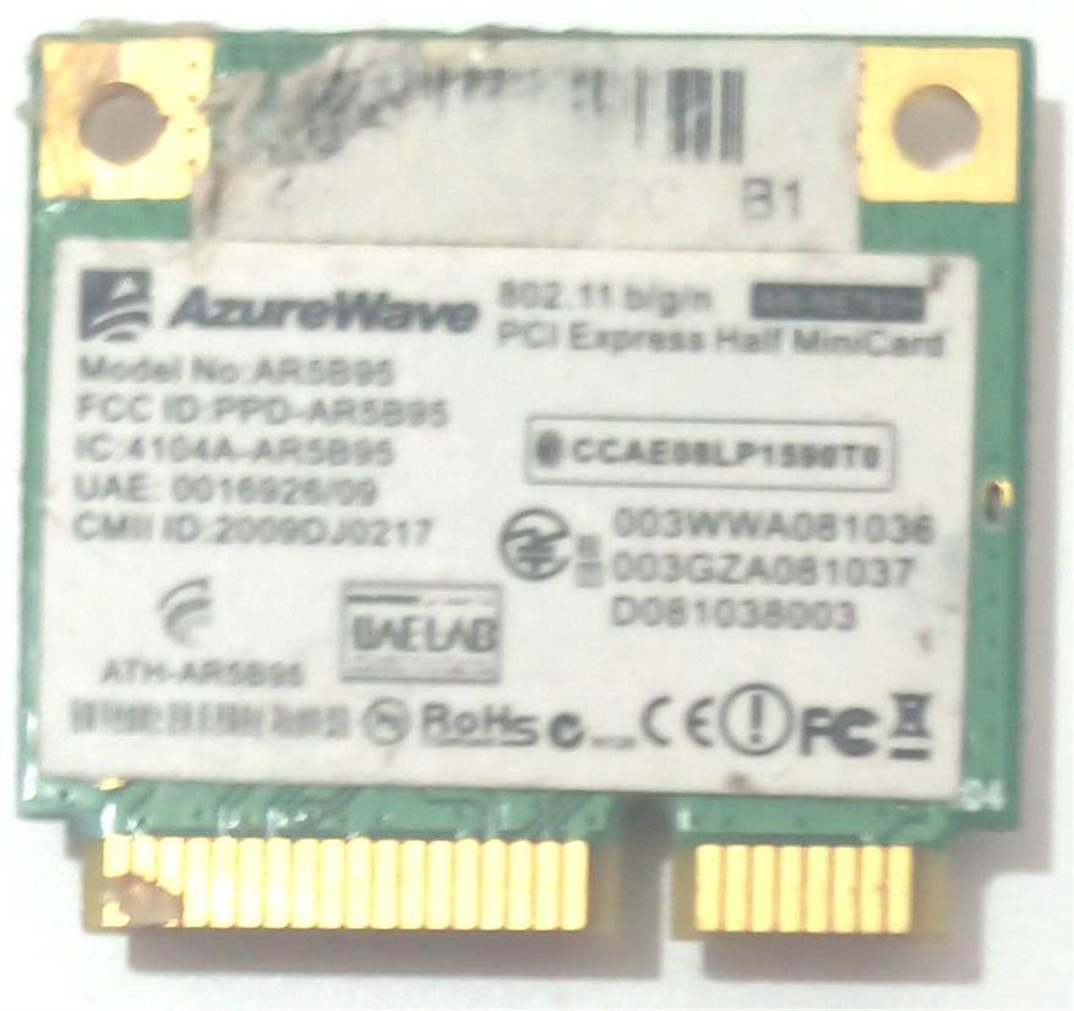 WIFI Kart - BluetoothAZUREWAVE AR5B95,AW-NE785H, 003WWA081036 WİFİ KART STOK:Z-64