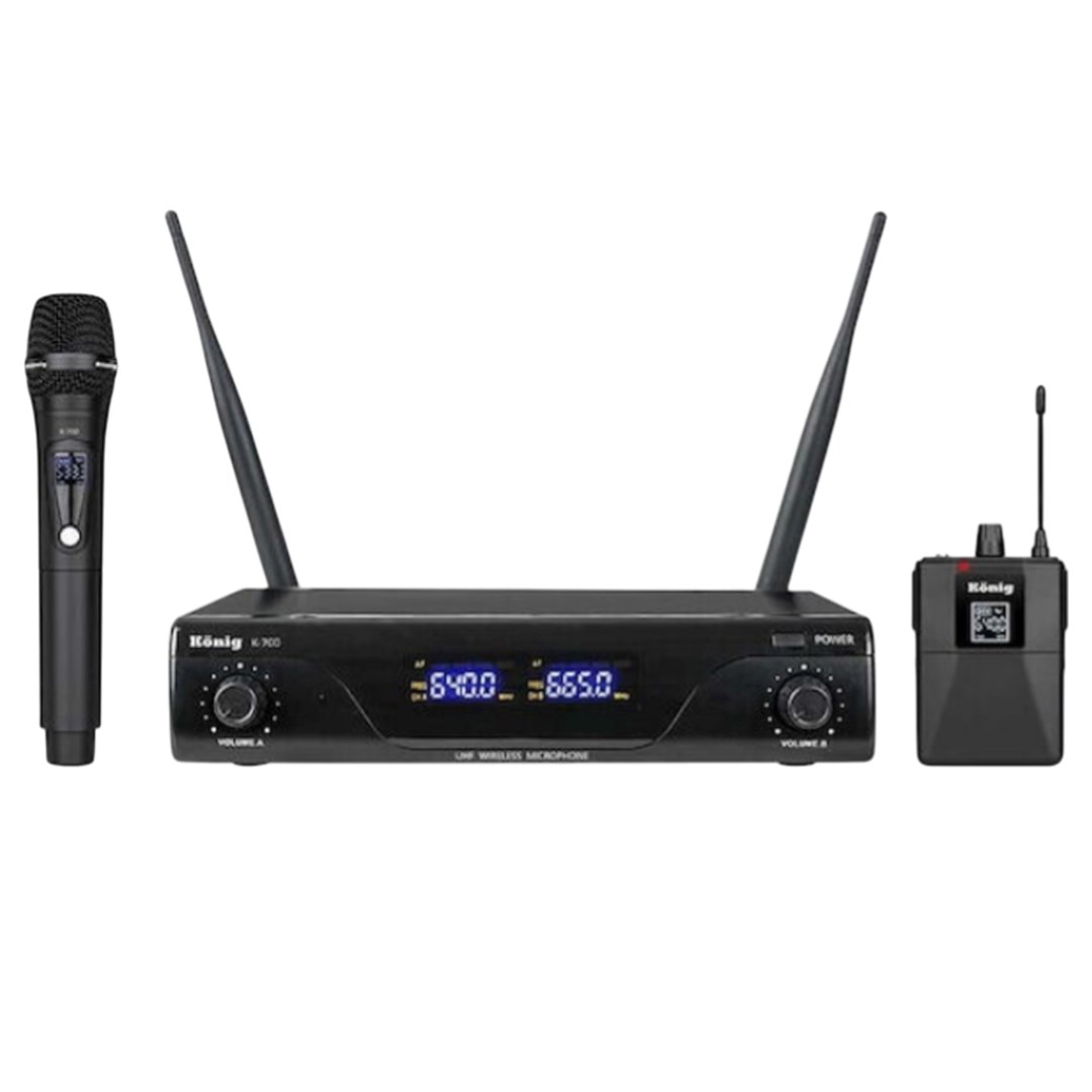 KÖNİG K-700 E-Y 663-694MHZ 1 EL + 1 YAKA 2 KANAL UHF2X50 KABLOSUZ TELSİZ MİKROFON