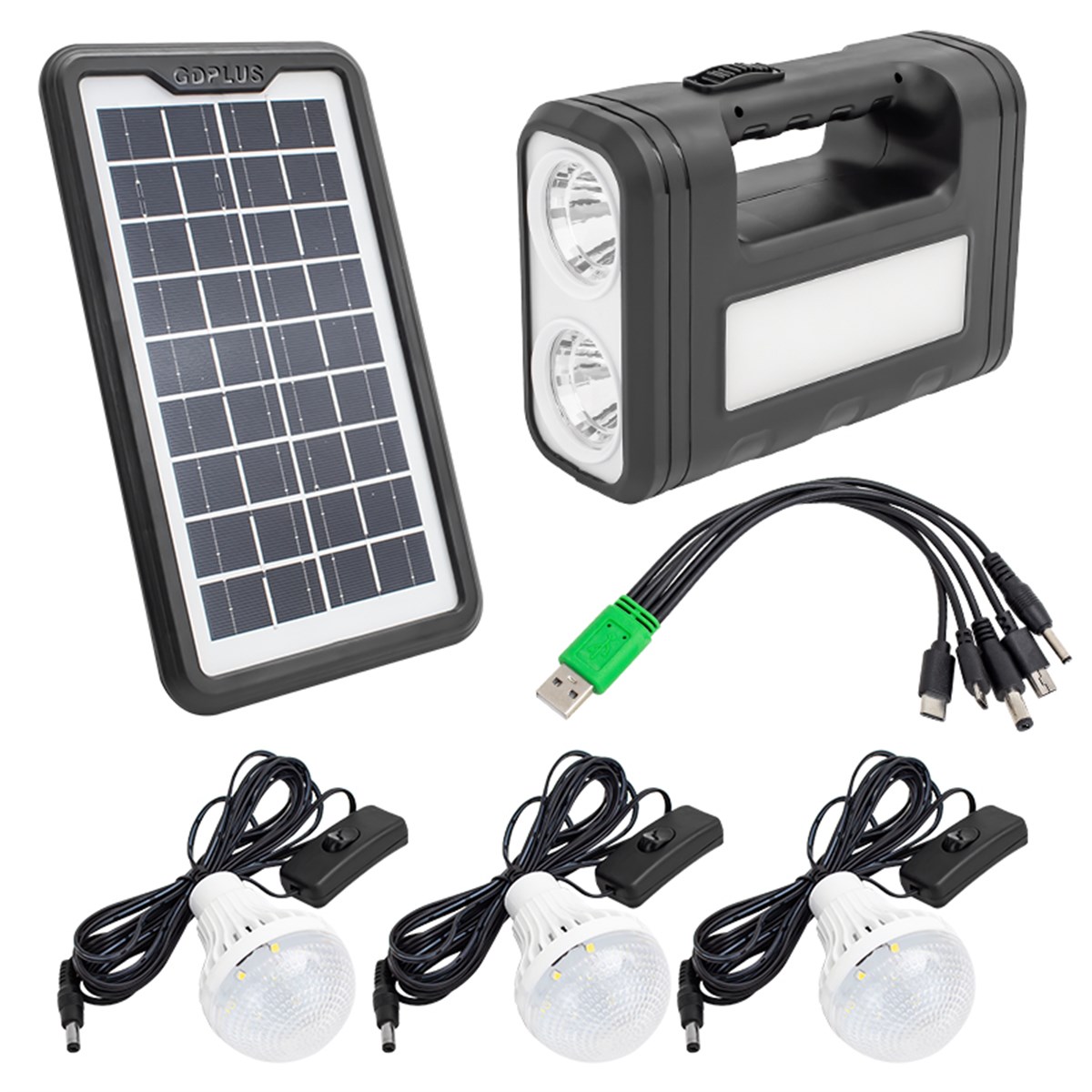 POWERMASTER GD-8017T PANELLİ SOLAR LAMBA 3 AMPULLÜ SET AKÜLÜ SOLAR IŞILDAK FENER