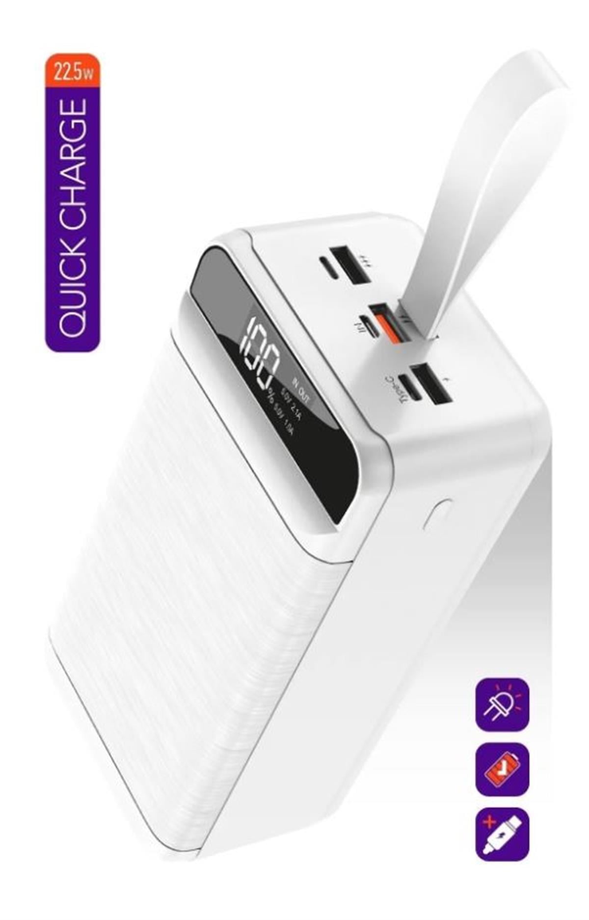 POWERWAY QC60 22.5W KABLOLU 3.0 60000 MAH BEYAZ POWERBANK